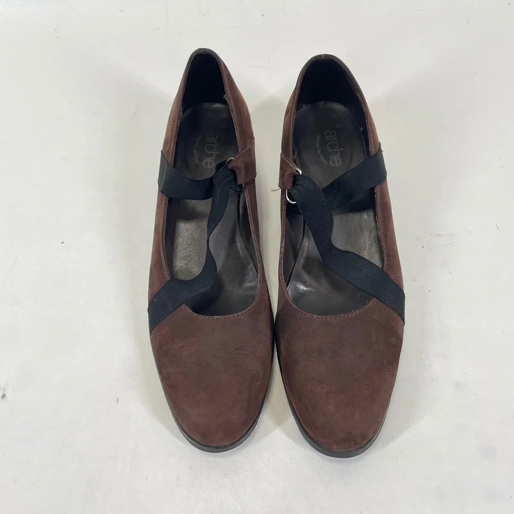 Arche Brown Nubuck Leather Elastic Strap Wedge Shoes France Womens 40 US 9-9.5